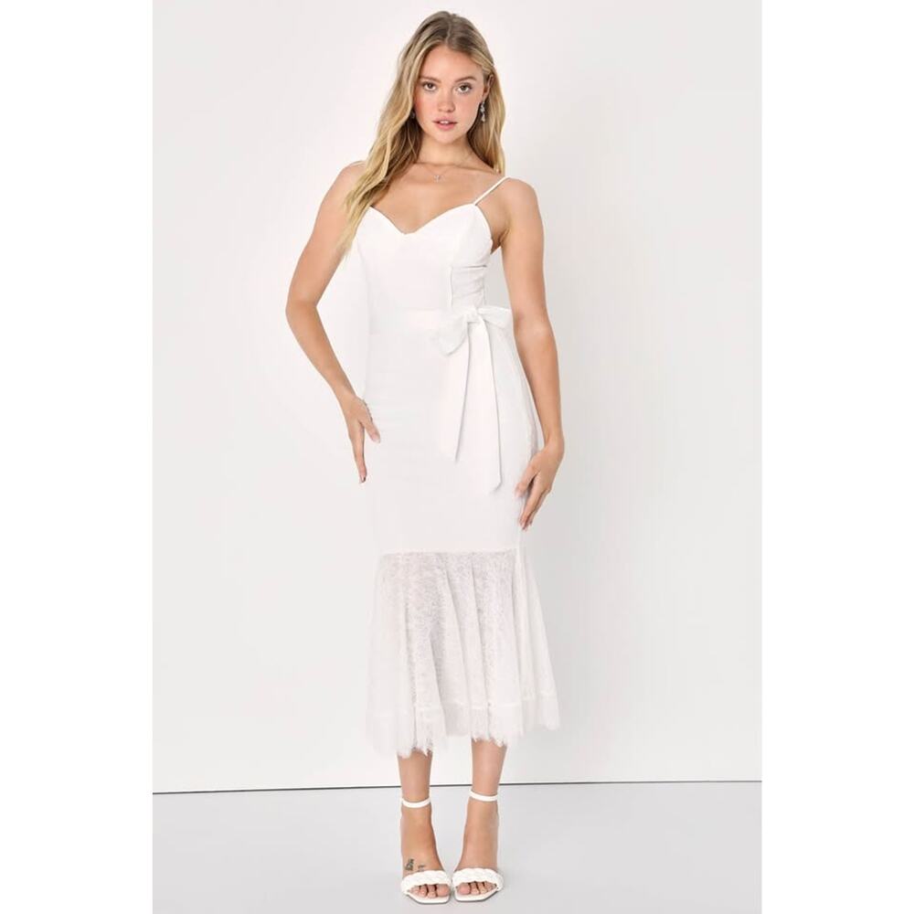 NWT Lulus Elegant Ease White Lace Bustier Trumpet Midi Dress size M